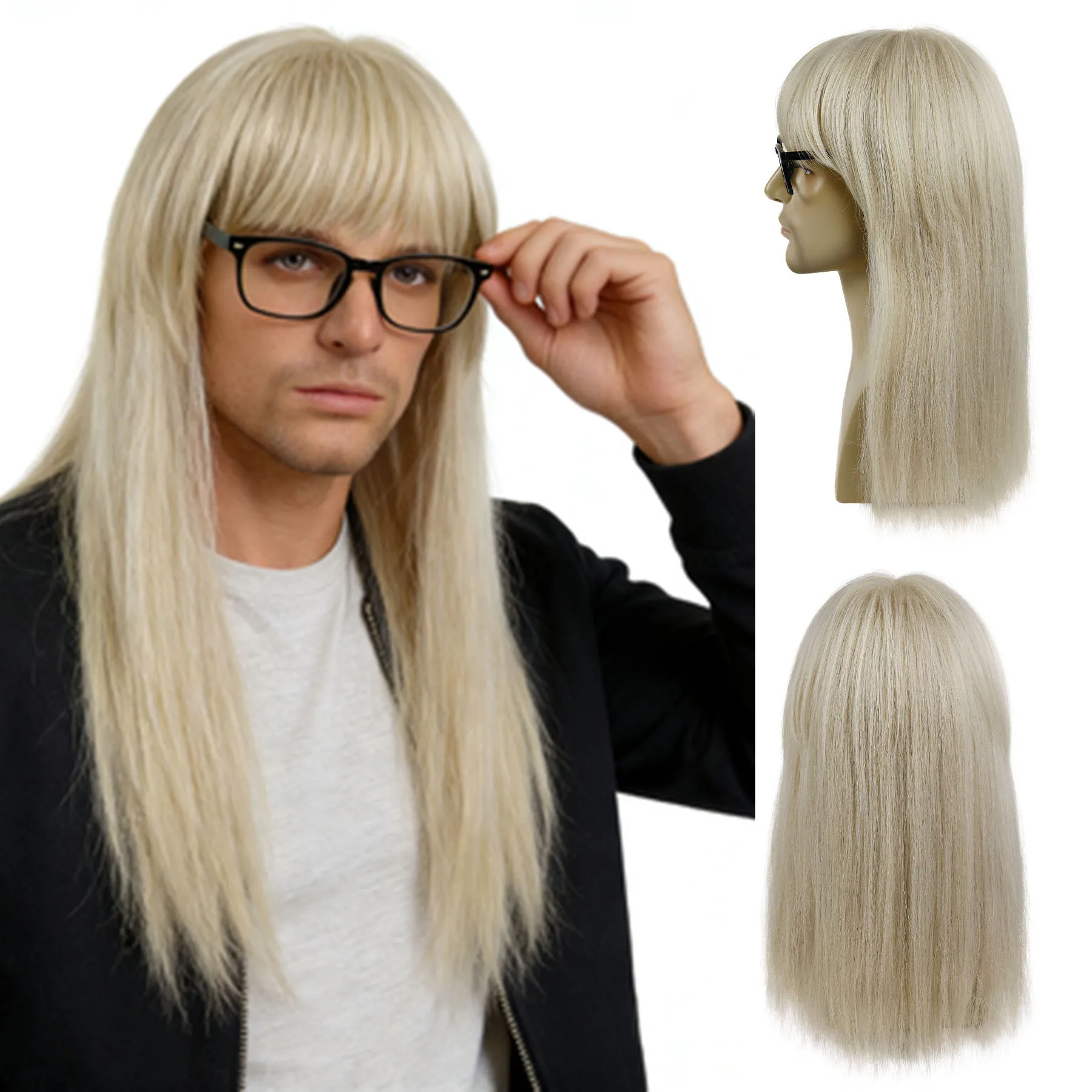 

Синтетические длинные светлые парики-мюлеты для мужчин, пушистые прямые парики с челкой, парики в стиле 80-х для вечеринок, парики для косплея на Хэллоуин и очки
