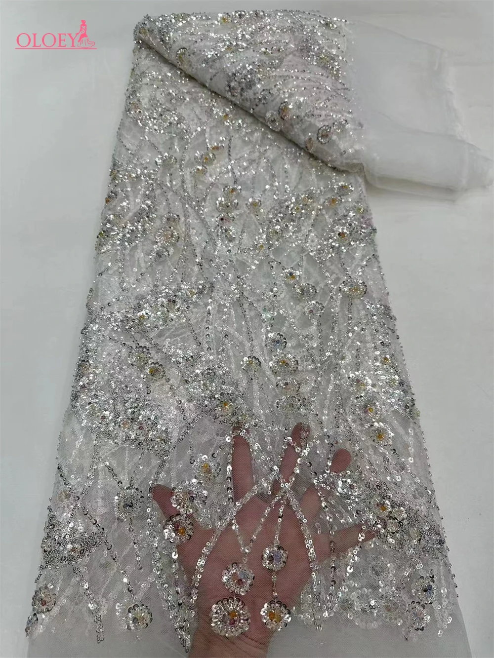 

2024 Latest Hot Sale Fashion Africa Lace Fabric High Quality Handmade Embroidery Lace With Beads Sequins Party For Wedding Dress