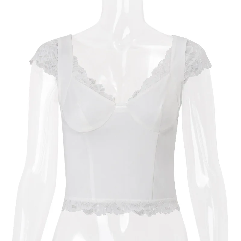 Haut de nombril de couleur unie pour femmes européennes et américaines, nouvelle mode d'été, tempérament sexy, couture courte en dentelle.