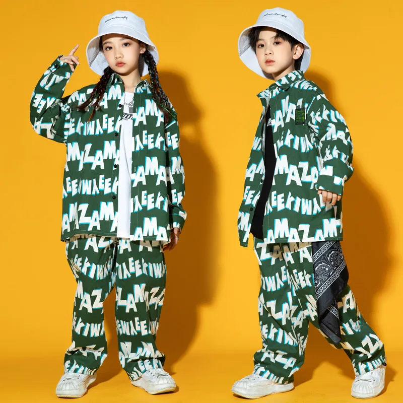 Chemise imprimée verte Hip Hop pour enfants, Joggers pour filles, Chemisier de danse de rue pour enfants, viser pour enfants, Ensembles de vêtements