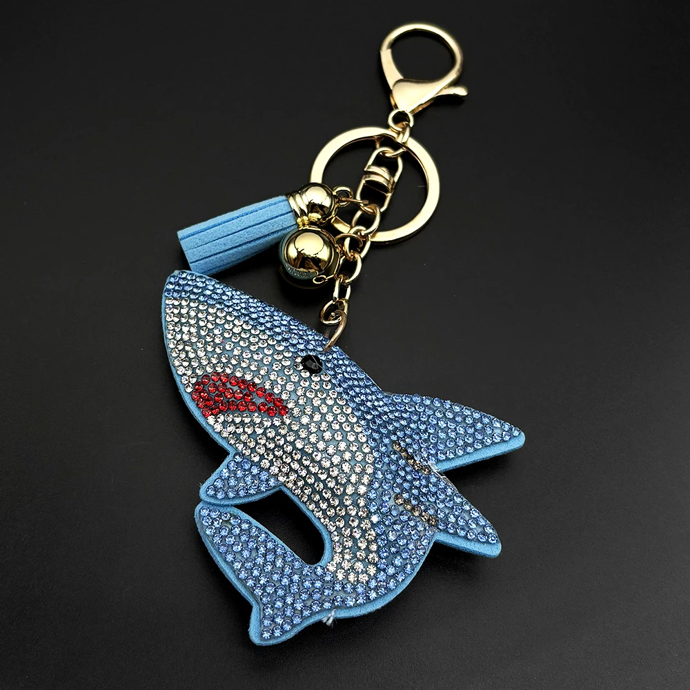 Blue Cute Sea Shark Summer Keyring For Women Men Tassel Rhinestone Fashion Male Bag Decoration Fish Key Chain Jewelry Gifts