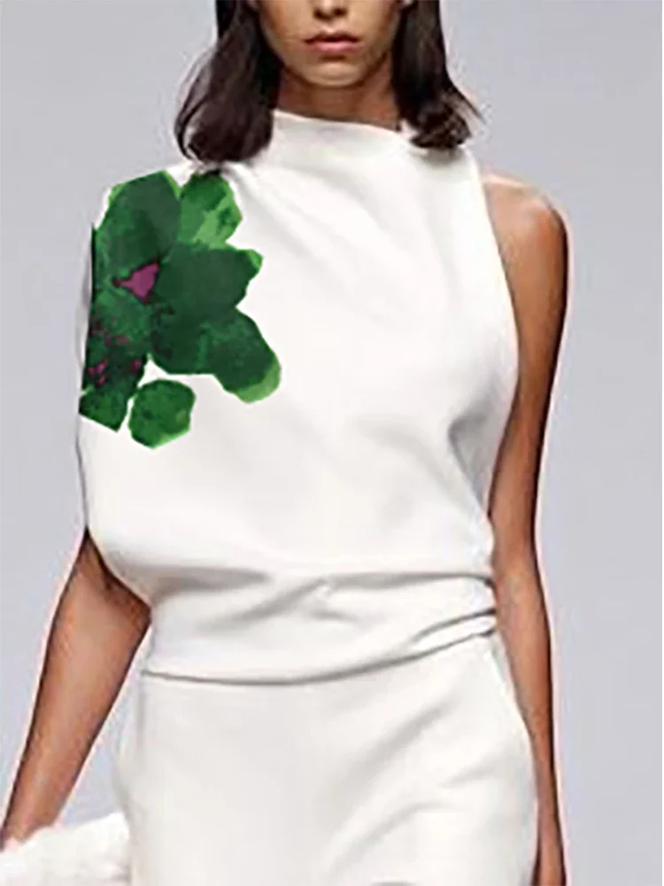 UOOZEE Urban Female Asymmetric High Neck Vest Tops 2026 New Summer Sleeveless One-shoulder Fashion Floral Printed T-shirts