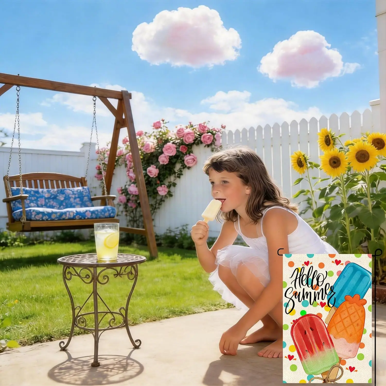 Summer Ice Cream Garden Flag 12x18 Inch Double Sided Hello Summer Outside for Burlap Holiday Farm house Yard Flag Outside De PPM