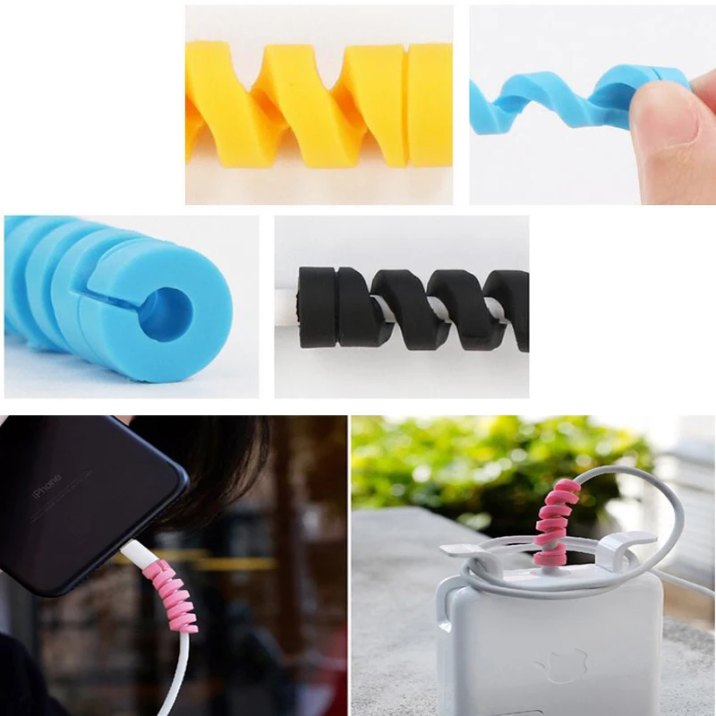 PUJIMAX 6Pcs Spiral Cable Protector Winder Clip 6 Colors Data Line for USB Charger Cord Holder Management Cable for Cell Phones