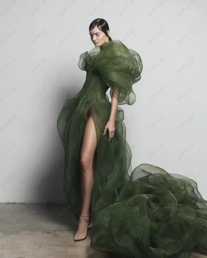 Dark Green Prom Gown Long Pleated Gorgeous Structured Prom Dress One Shoulder Sleeve Organza Party Dresses High Split