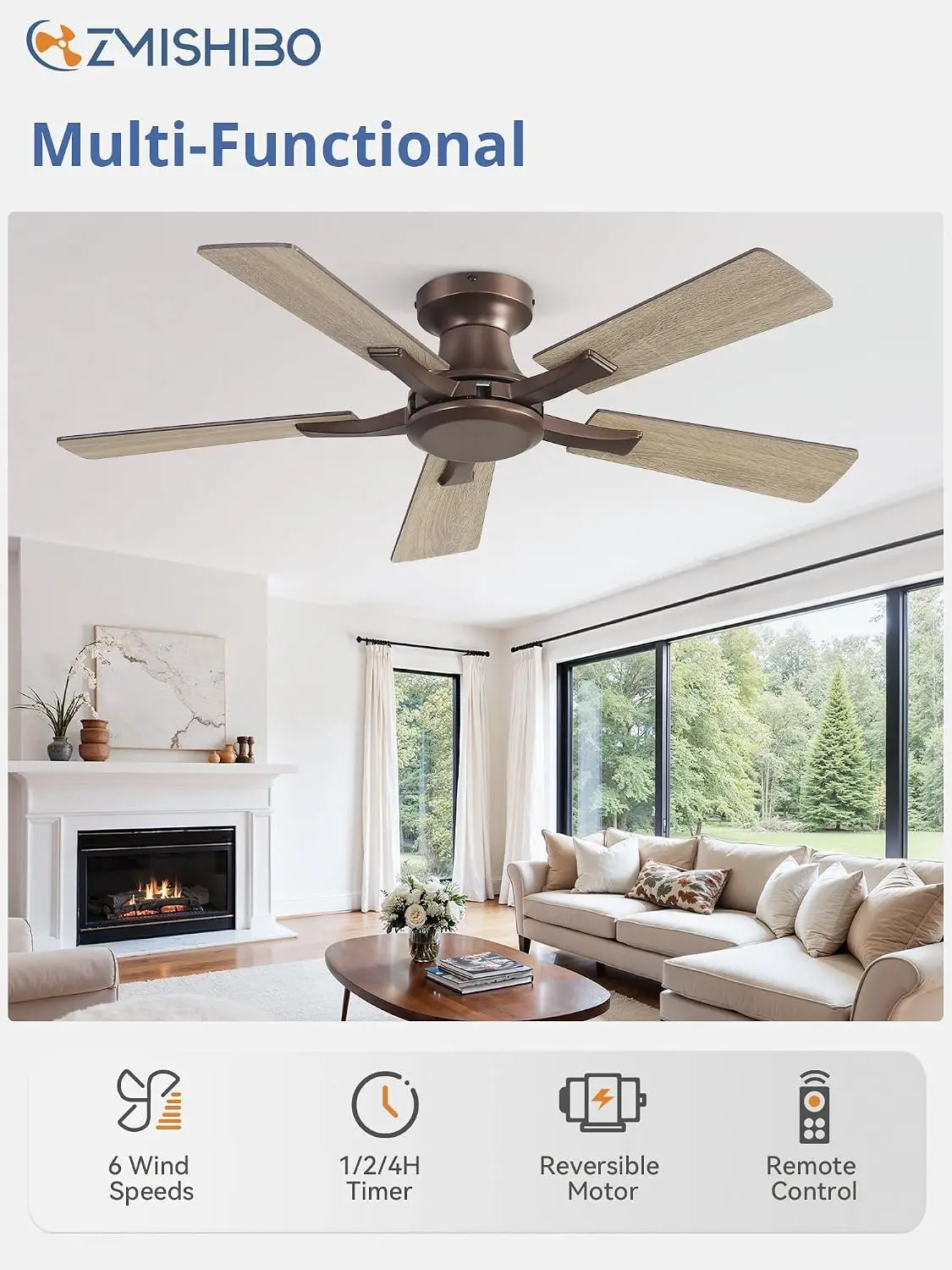 42-Inch Ceiling Fan Without Light, Brown, Low-Profile Flush Mount