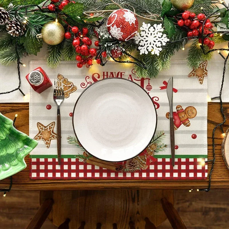 4Pcs Christmas Placemats Xmas Tree Snowman Pattern Table Mat Coaster Bowl Coffee Cup Pad Mat New Year Home Kitchen Decor