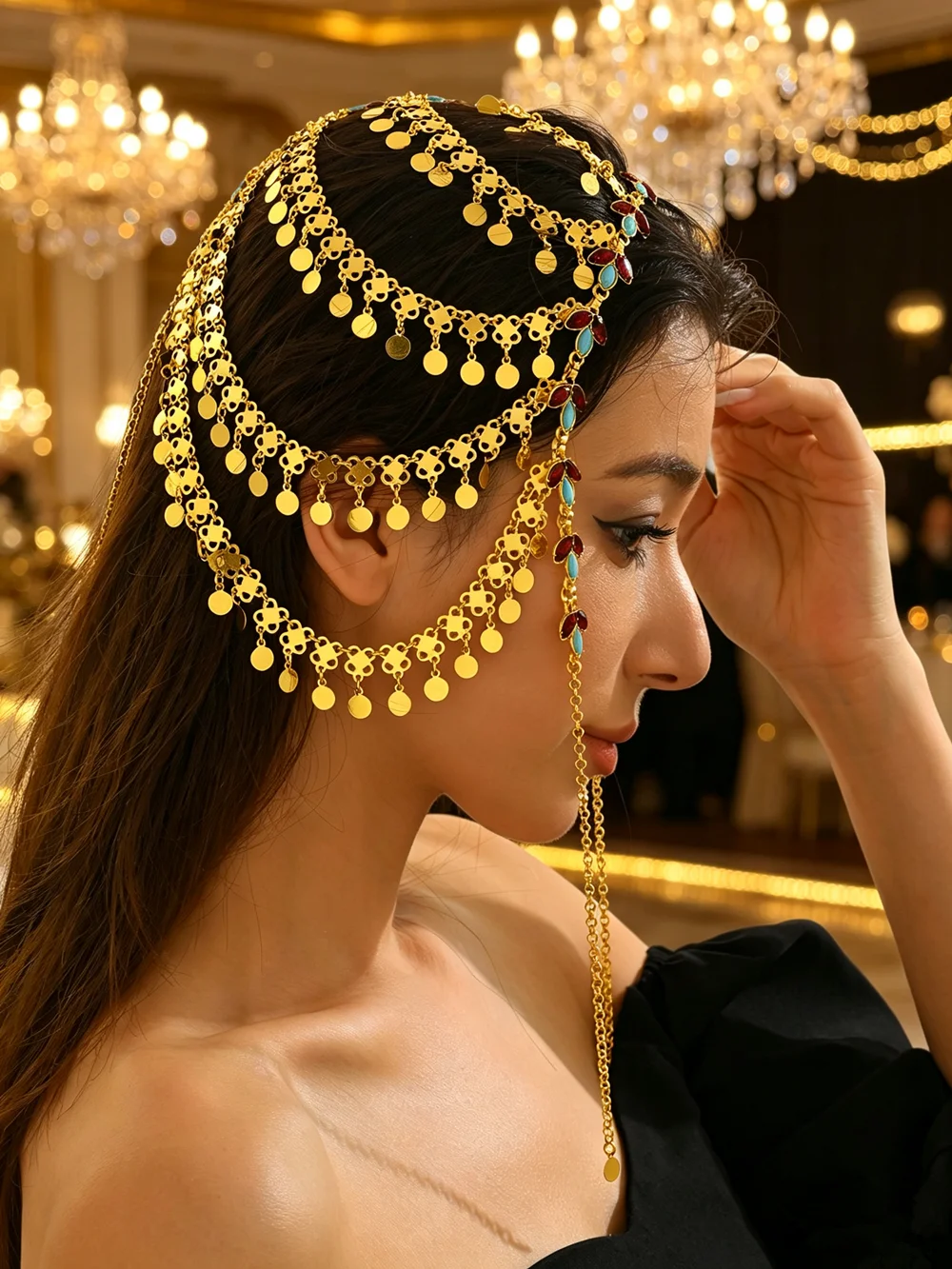 Turkish Kurdish Women Gold Plated Hair Chain Arabic Totem Head Jewelry Wedding Festival Party Bridal Head Wear