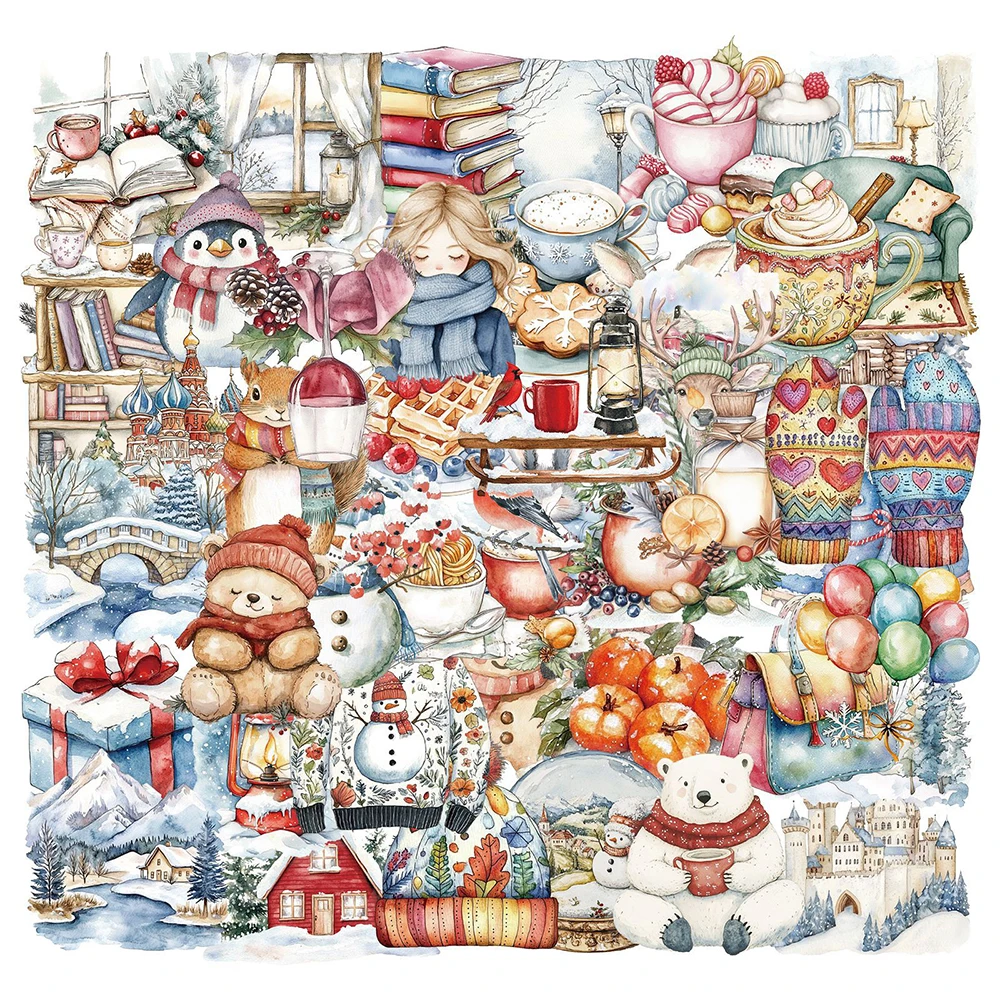 

10/30/50pcs Retro Winter Snow Scenery Stickers Transparent Cartoon Animal Food Decals Fridge Phone Scrapbook Sticker Decoration