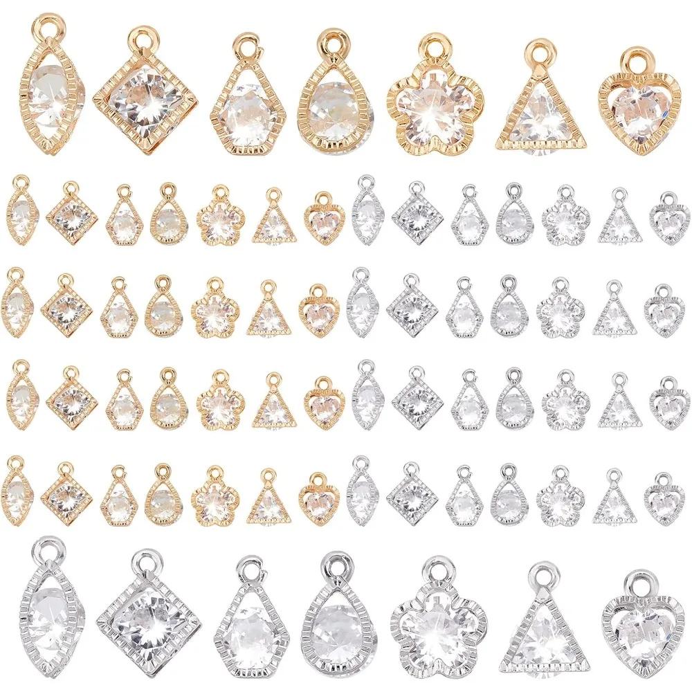 70pcs 7 Styles Zirconia Alloy Charms Golden Silver Heart/Flower/Horse Eye/Teardrop/Triangle Charms Sets for Earring Bracelet