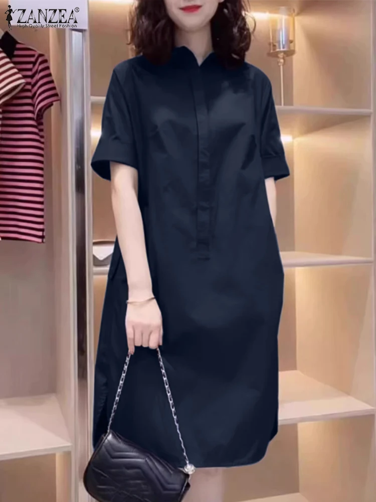 

ZANZEA Elegant Long Shirt Dress 2024 Summer Fashion Women Short Sleeve Knee-length Sundress Casual Solid Color Loose Vestidos