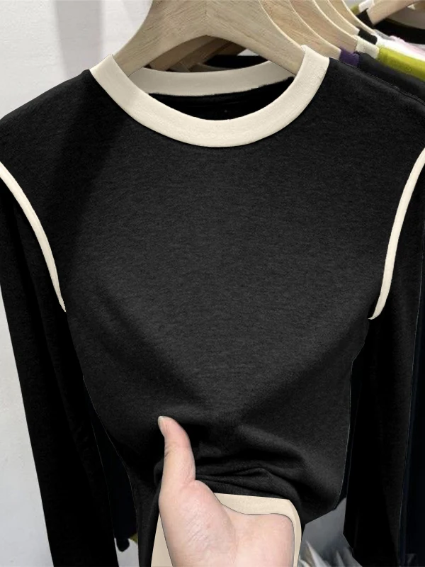 Double-Sided Fleece Long Sleeve T-Shirt Women's Fashionable Color Block Thick Warm Inner Wear Brushed Base Shirt Top