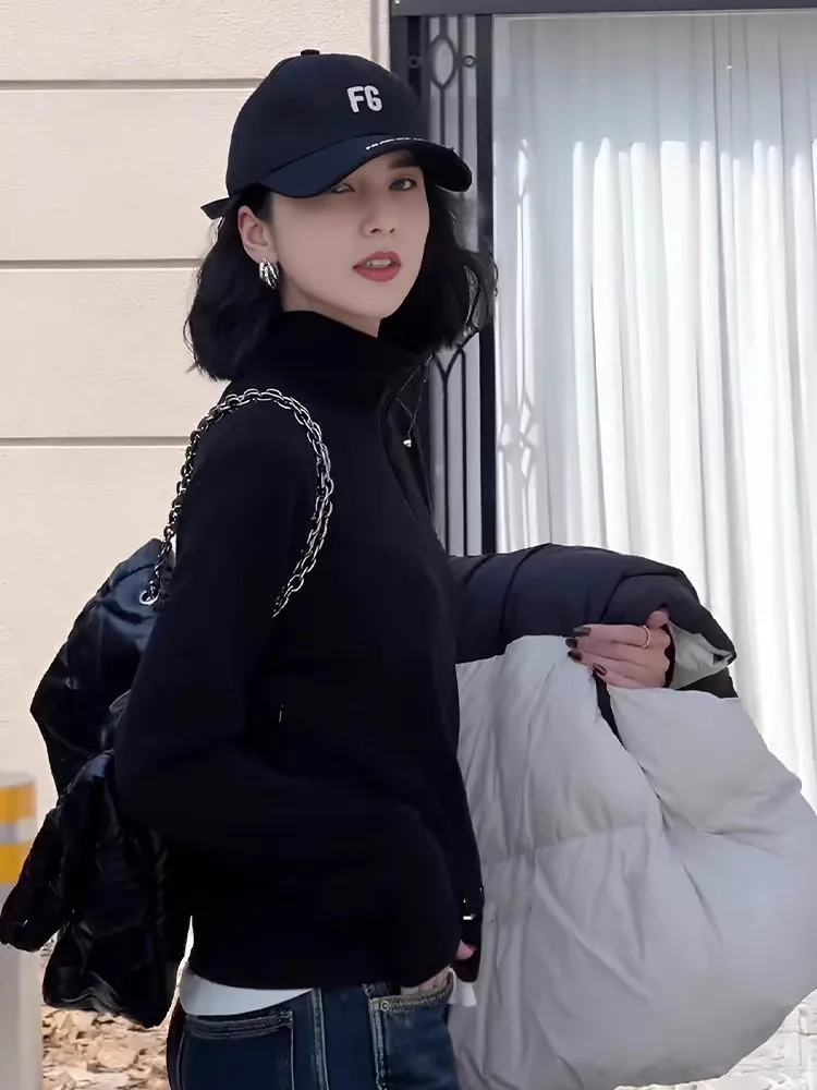 Schmal geschnittene, lange Jacke mit doppeltem Reißverschluss und Stehkragen, Damen-Sportjacke, schwarze Oberbekleidung, Frühling/Herbst, neu