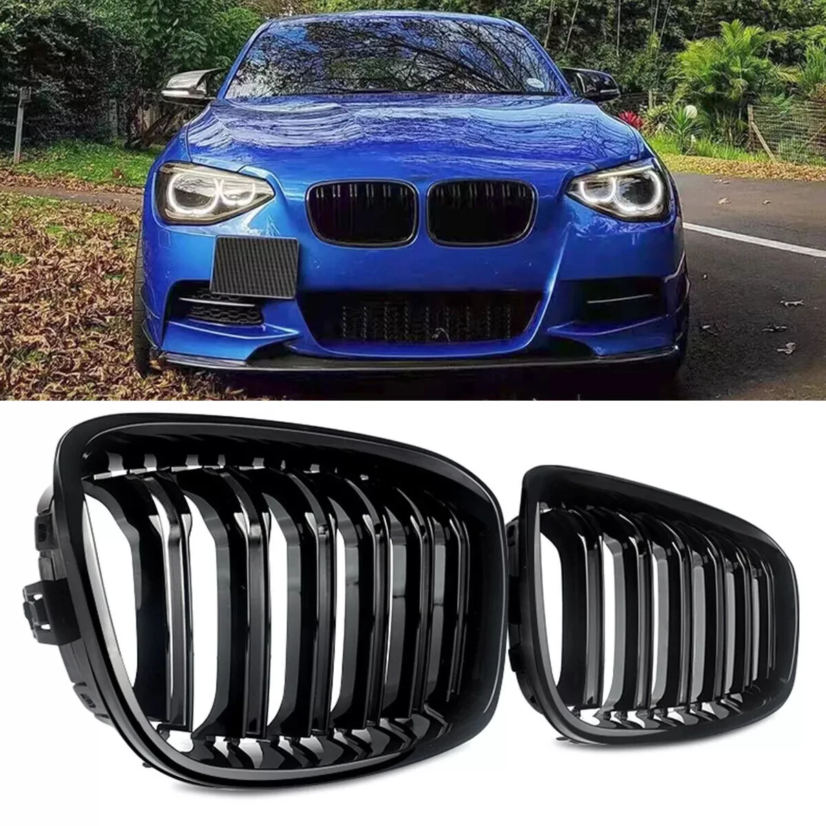 Glossy Black Front Bumper Kidney Racing Grille For BMW 1 Series F20 F21 2011 2012 2013 2014 1Pair Double Slat Sport Grill