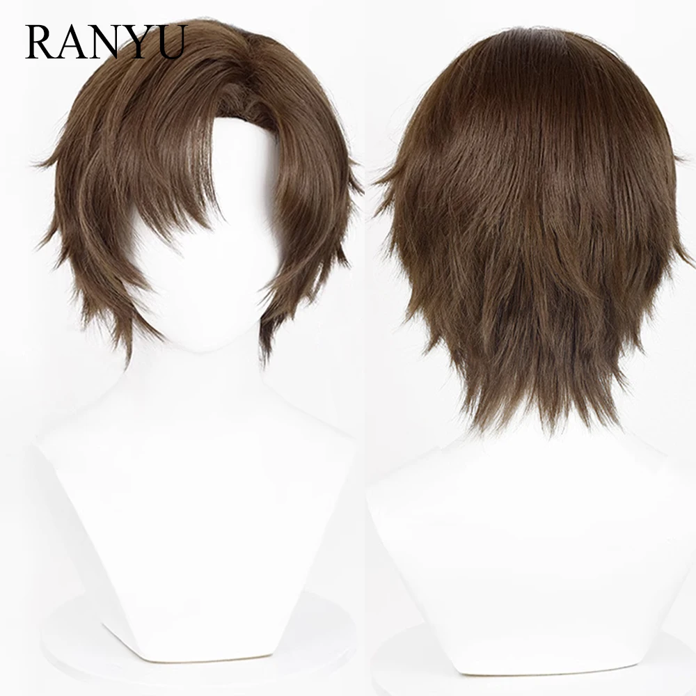 Brown Short Straight Synthetic Wig Middle Part Fluffy Anime Game Cosplay Heat Resistant Wig for Daily Party