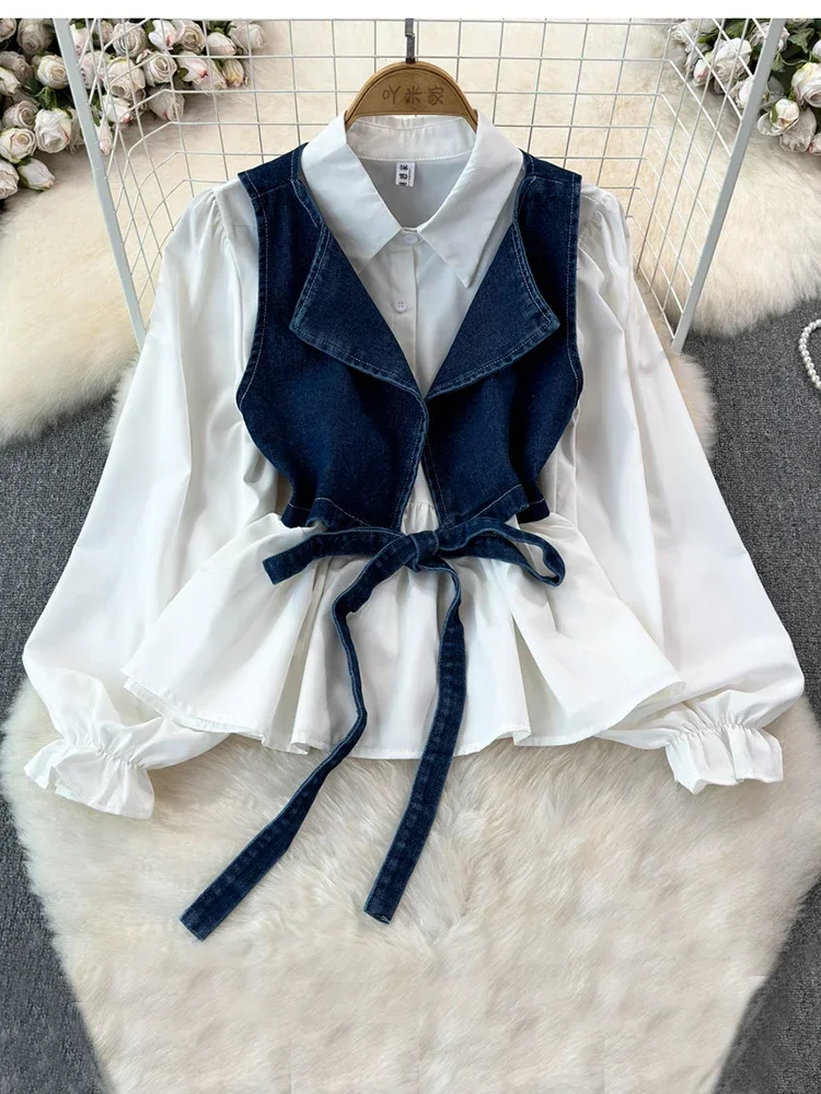 Spring Autumn Women\'s Top Vest Two-piece Set New Korean Version Loose Long Sleeve Shirt Short Denim Vest Coat A119