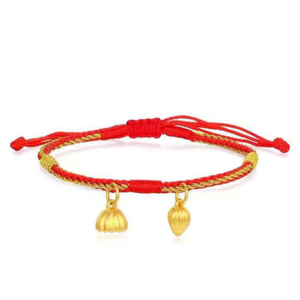 1PCS Pure 24K Yellow Gold Jewelry Real 24K Yellow Gold Bracelet For Women Lotus and Seed Red String Bracelet Gift