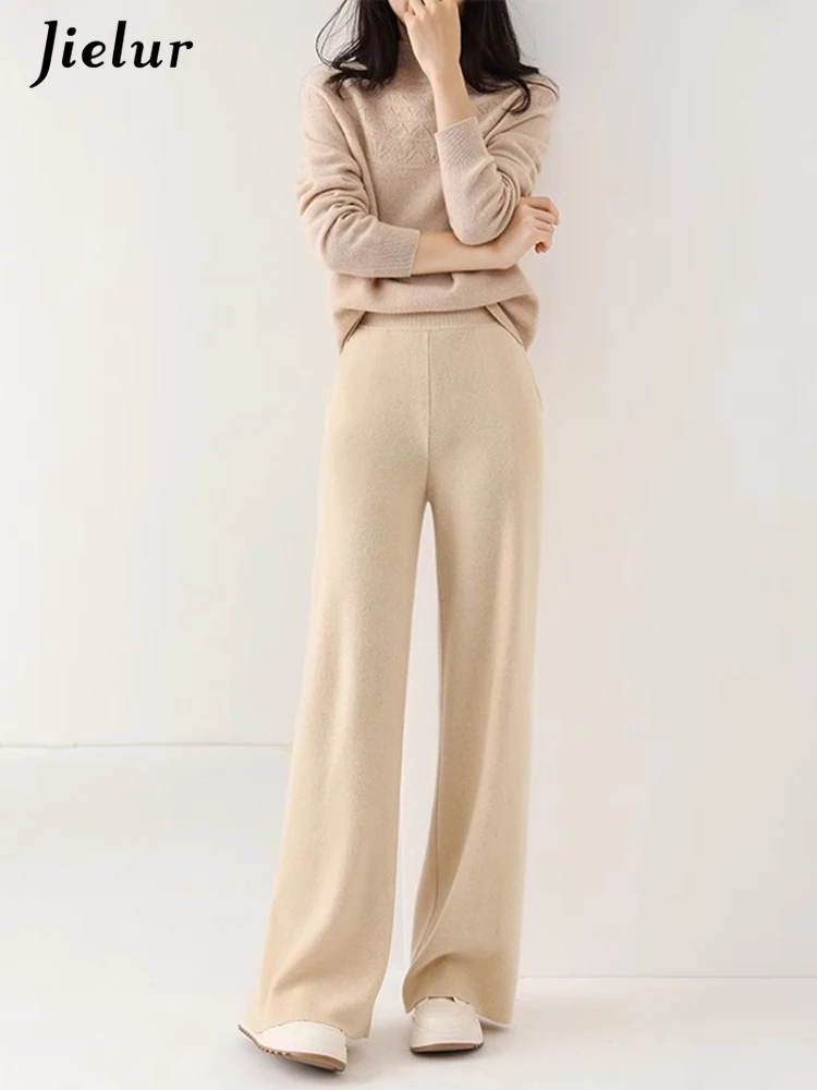 

Jielur New Women's High Waist Cashmere Wide Legged Pants Chic Casual Loose Women Straight Tube Wool Knitted Floor Dragging Pants