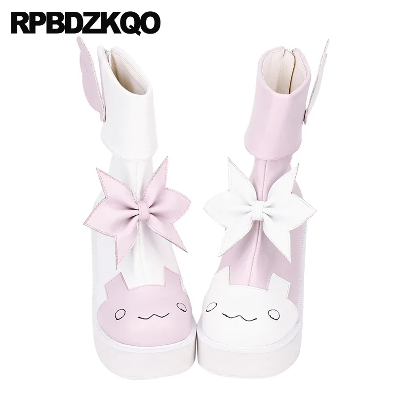 Women Ankle Bow Knot Bowtie Shoes Wedges Angel 47 Cartoon Wing Plus Size Boots High Heels Platform 13 Embroided Round Toe Lolita