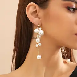 Elegant Imitation Pearl Ball Tassels Drop Earrings for Women Trendy Ladies Long Earring Hanging Accessories 2024 Fashion Jewelry