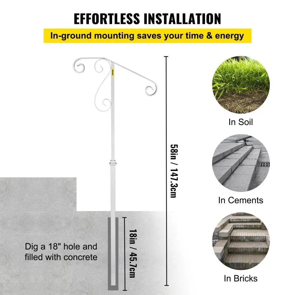 Single Post Wrought Iron Handrail - Ground Mount Step Grab Support for 1 or 2 Steps - Durable Safety Railing