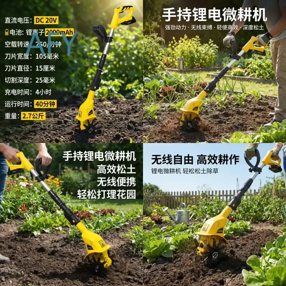 Handheld Cordless Tiller for Garden Soil Loosening Cultivator Electric Mini Earth Digging and Rototilling Machine for Small