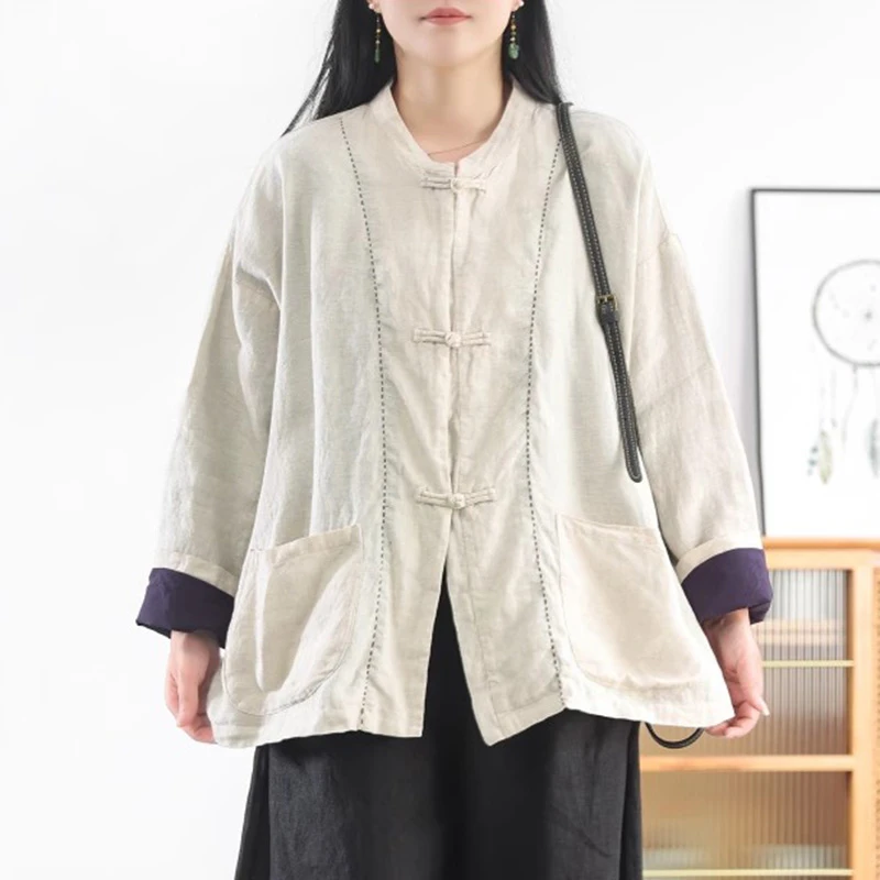 중국 스타일 여성 긴팔 린넨 셔츠 신상 2025 가을 빈티지 스탠드 칼라 루즈핏 여성 캐주얼 탑 셔츠 T699