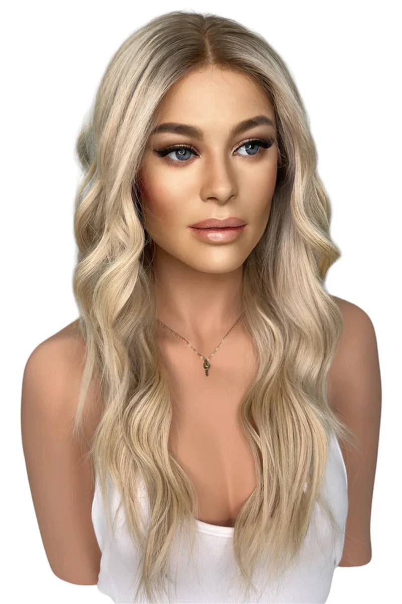 

Woman Wig Middle Part Ombre Creamy Blonde Balayage Luxury Synthetic Lace Front Wig High Quality Wig 28 Inch Small/Large Size Cap