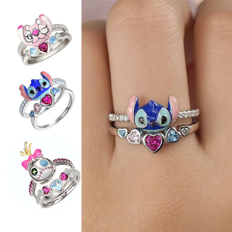 Disney Stitch Fashion Jewelry Ring Women Lilo Stitch Anime Figure Periphery Cartoon Jewelry Halite Diamond Ring Double-Deck Gift