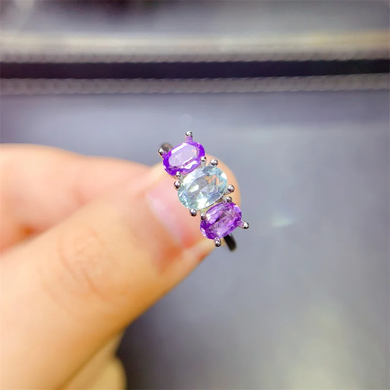 

5mm*7mm Natural Aquamarine and amethyst Ring for Daily Wear Simple Silver Gemstone Ring Solid 925 Silver Aquamarine Jewelry