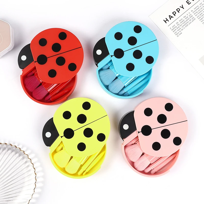 4 สีแบบพกพาชุดแปรงแต่งหน้า 5 ชิ้นแปรงกระจก Ladybug กล่องแปรงเครื่องสําอางธรรมชาติแปรงอายแชโดว์