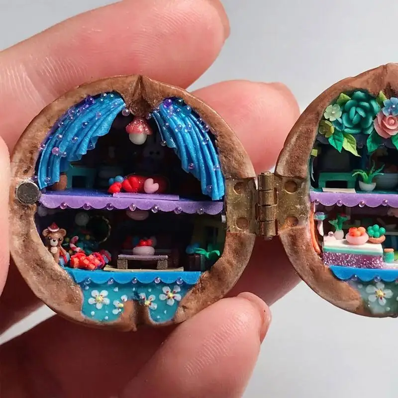 Walnut Shell Dollhouse Tiny World Inside Walnuts Resin Miniature Dollhouse Kit Handmade Mini Library 3D Children Toy Gift