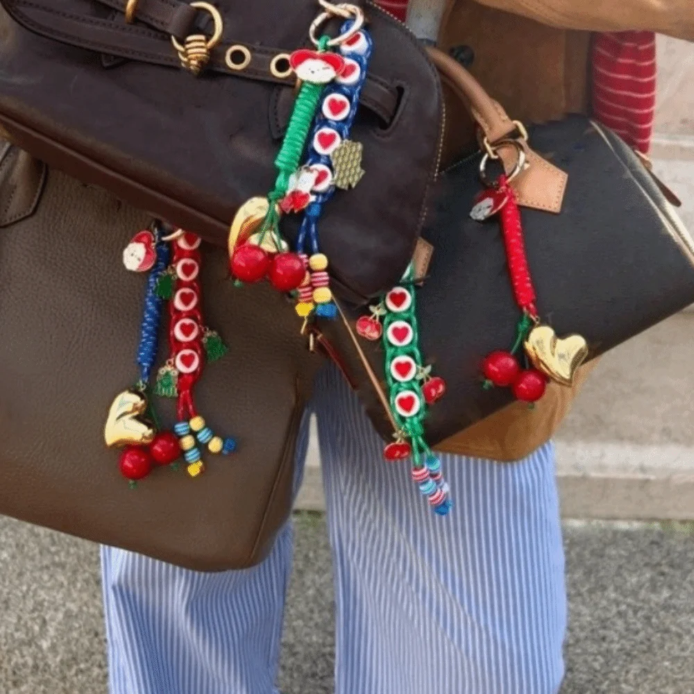 

Cute Bag Accessories Pendant Korean Style Simple Love Cherry Pendant DIY Fashion Accessories Colorful Rope Keychain Car Keyring