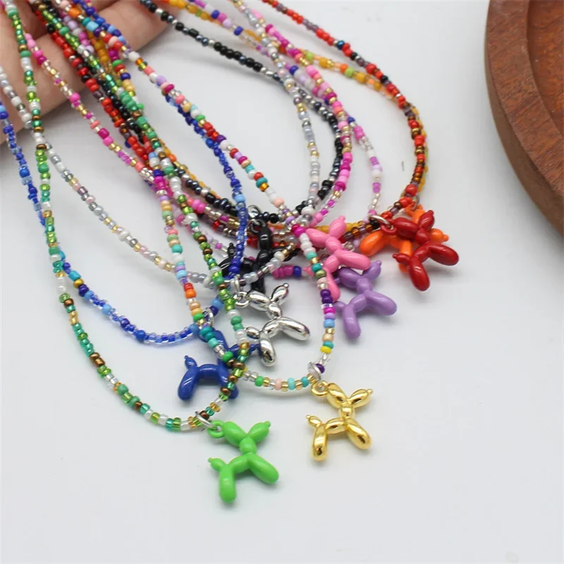 New Candy Color Cartoon Balloon Dog Pendant Women Beads Short Chain Choker Necklaces Collar Trendy Cute Puppy Jewelry Gift Urn