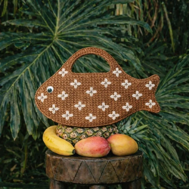 

Raffia Straw Woven Bag,Fish Shaped Funny Cute Women Handbag,Spring Summer Boho Beach Vacation Evening Elegant Clutch Purse