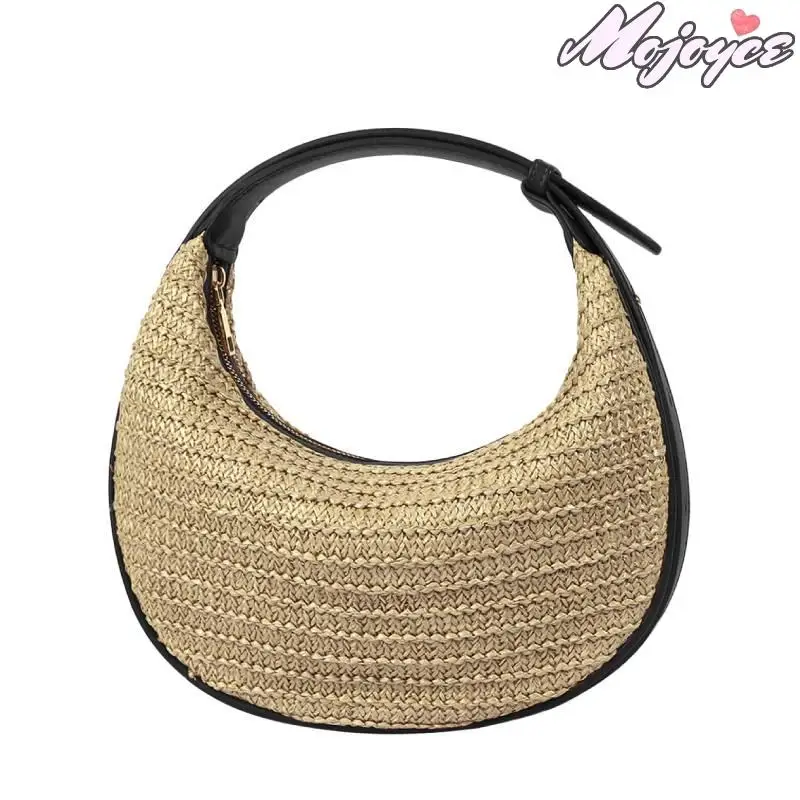 

Straw Underarm Pouch Casual Leather Half-Moon Handbag Travel Crescent Bag Shopping Dumpling Bags Knitting Commute Crossbody Bag