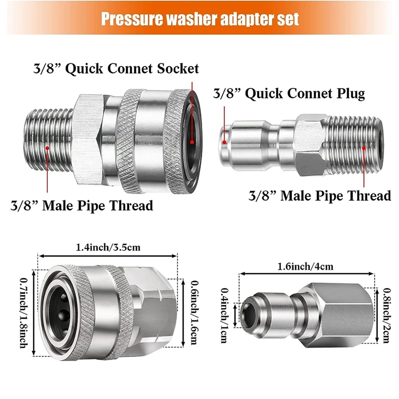 8PCS Stainless Steel Male Female Quick Connector Kit Pressure Washer Adapters NPT 3/8 Inch (Internal & External Thread)