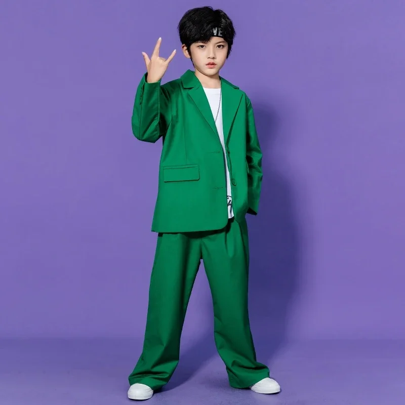 Meninas e Meninos Hip Hop Dance Costume, Terno Infantil, Kpop Concert Outfit, Calças Blazer, Verde, Performance Jazz, Roupas de Palco, Moda, 2 peças