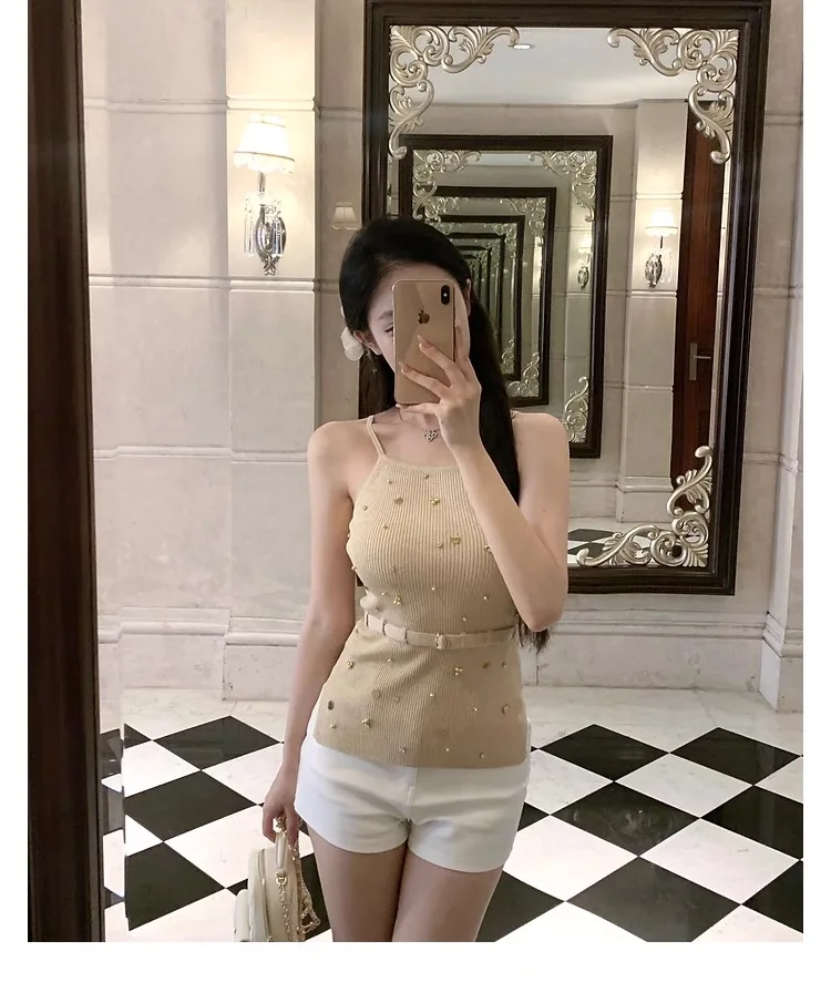 섹시한 롱 드레스 네일 비즈 장식 슬립 니트 드레스 + 캐미솔 슬링 탱크탑 2종 세트