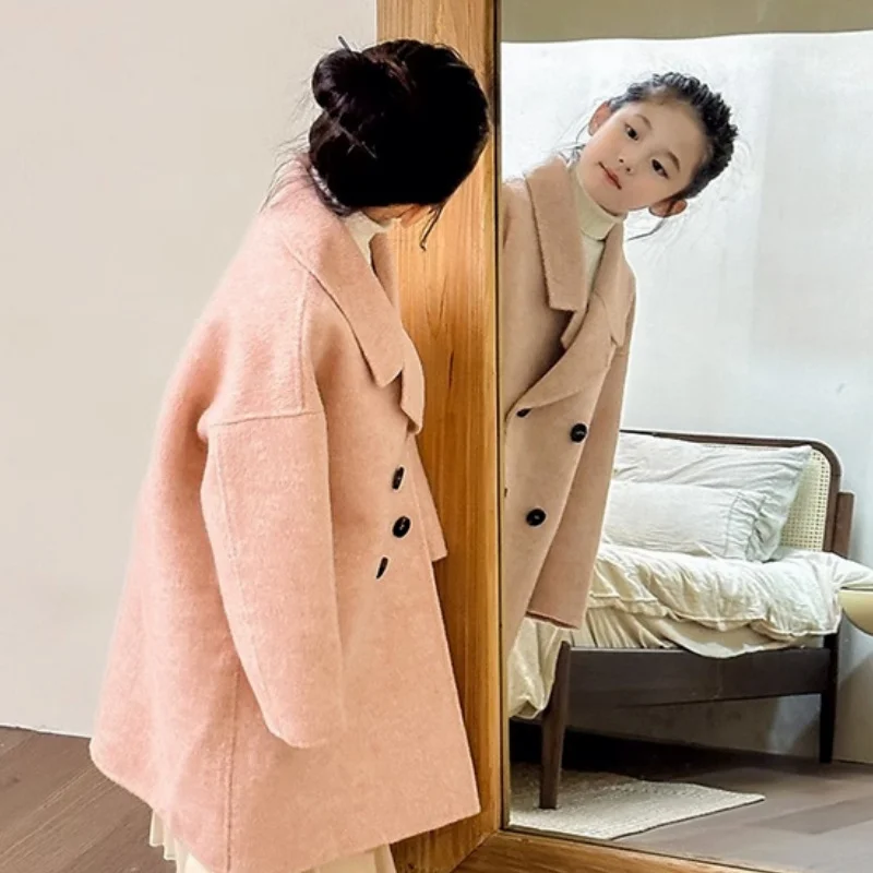 

Girls Woolen Coat Overcoat Jacket Windbreak 2024 Soft Warm Plus Thicken Autumn Winter Cotton Teenagers Children's Clothing