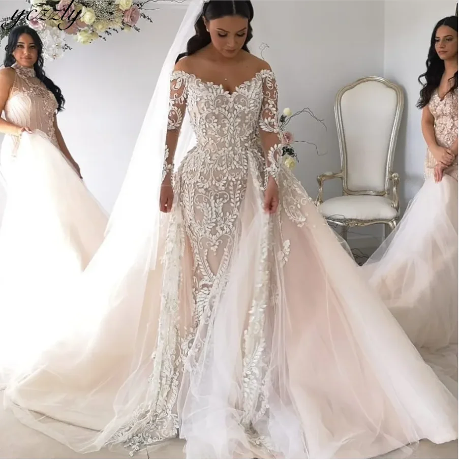 

Off Shoulder Wedding Dress Long Sleeve Dresses Vestido De Novia Desmontable 2 en 1 Mermaid Lace Robes De Mariage Vestidos Novias