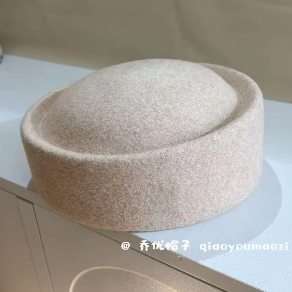 Adults Women 100% Wool Pillbox Hat Solid Color Round Flat Crown Retro Stylish Fall Winter Outdoor Headwear Fashion