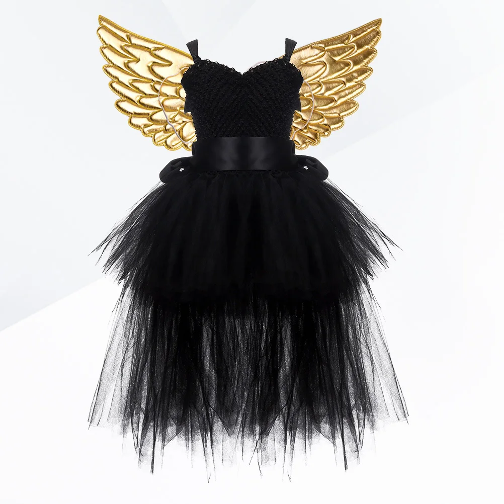 

1Set Halloween Fairy Mesh Tutu Dress Girls Wing Dress Set Sleeveless Party Costume Black Size 2 Fairy Mesh Tutu