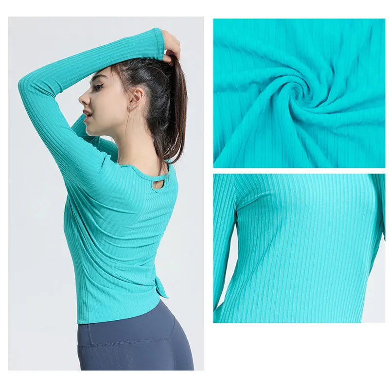 New Autumn and Winter Ribbed Sports Top Women\'s Long-sleeved Slim Slimming Breathable Round Neck Yoga Running Fitness Clothes
