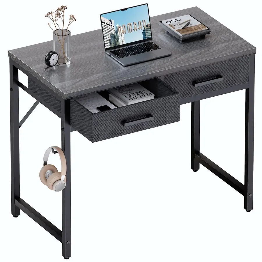 

32 Inch Small Computer Desk With 2 Drawers For Bedroom Study Writing Home Office Table For Small Spaces Grey
