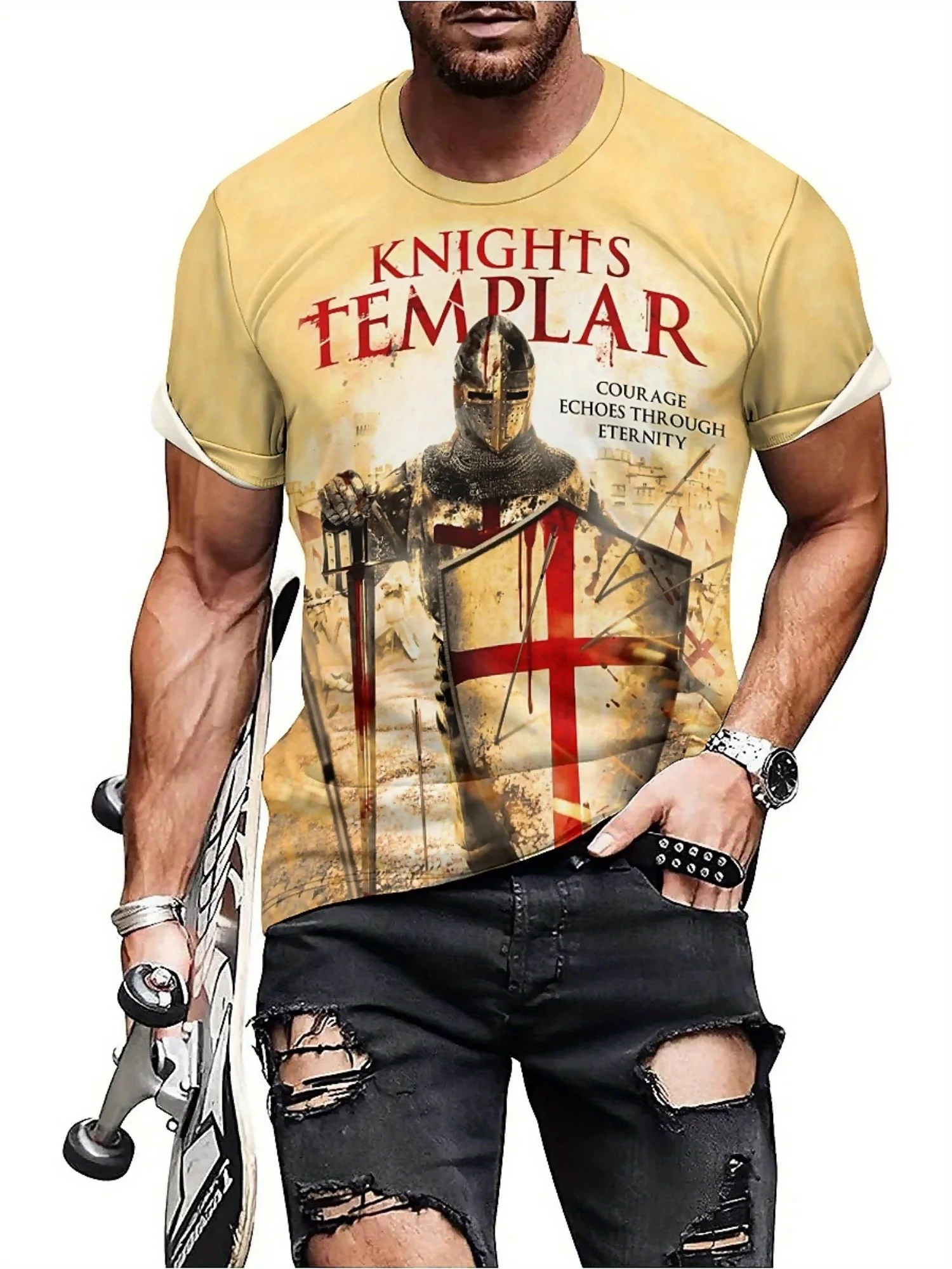 Knights Templar 3D Print Men'S T-Shirt - Soft, Comfortable Polyester Fabric, Short Sleeve, Crew Neck, Geometric Pattern,
