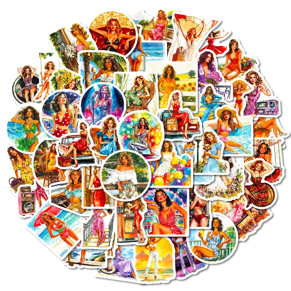 10/30/50pcs Vintage Summer Sexy Girl Stickers Retro Pin Up Girls Adult Sticker Motorcycle Luggage Laptop Phone Decals Decoration