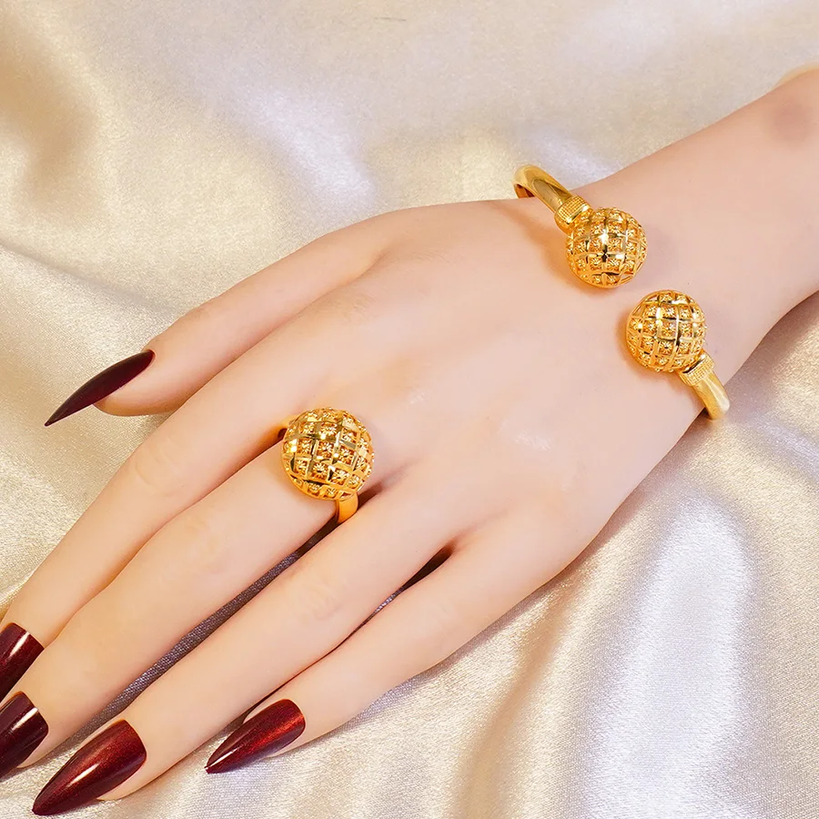 Luxury Copper Gold Plated Hollow Rhinestone Bangle & Ring Set Open Cuff Bracelet Ring Bridal Banquet Accessories