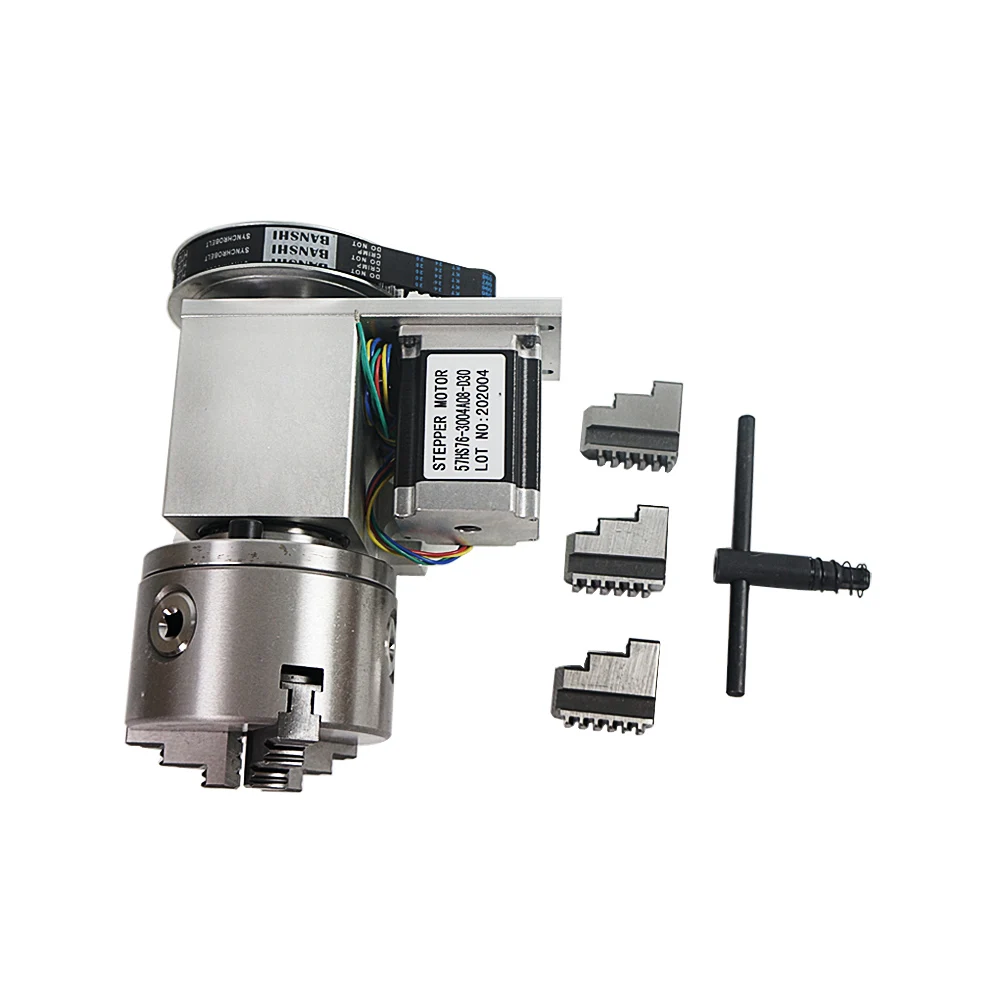 เครื่องซีเอ็นซีแกน4th แกนหมุน100มม. พร้อมหัวจับสำหรับเราเตอร์ CNC เครื่องเจาะแกนหมุนเพลากลวง K5M-6-100มม. 3Jaw ตัวจับ4