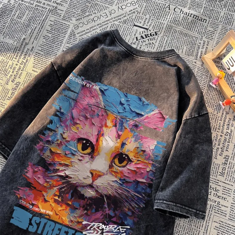 Vintage Colorful Oil Painting Cat Print T-Shirt Cute Graffiti Kitten Oversized Streetwear Tee Casual Crew Neck Short Sleeve